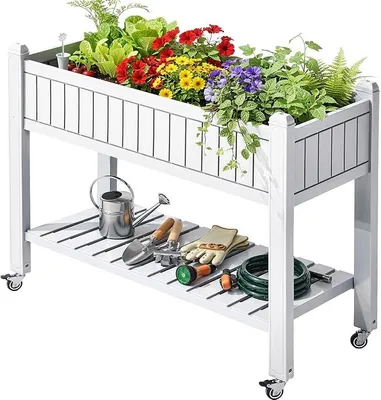 Produktbild von Hochbeet mit Rankgitter, 108,5 x 44 x 89,5 cm, Garten-Rankgitter mit Räder, Drainagelöchern, bis 6,8 kg, Weiß