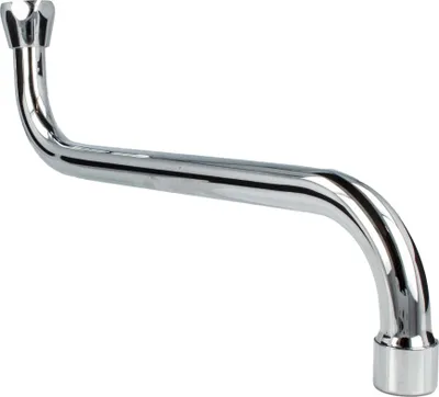 A chrome-plated S-shaped faucet spout is shown against a white background.