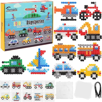 Image de Kit de perles à repasser, véhicules, 1000 pièces, format XL (10 mm), 10 couleurs, avec plaques et papier à repasser, à partir de 3 ans