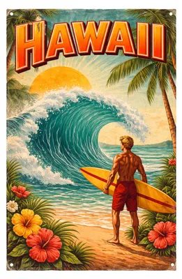 Produktbild von Blechschild 20x30cm Hawaii Surf Strand Retro Motiv Metallschild Wanddeko Urlaub Sommer Meer Surfer Strandhaus AstraDesign