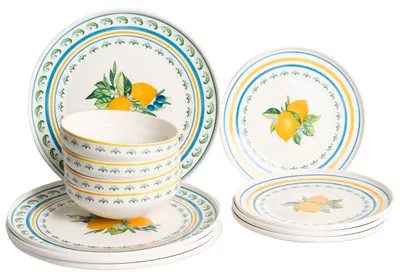 Obrázek produktu pro BELIANI Sada porcelánového nádobí 12ks bílá a zelená s motivem citronů misky a talíře kuchyně jídelna