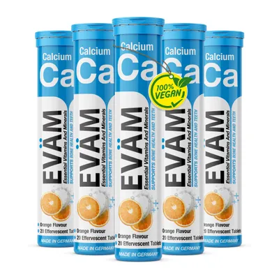 Produktbild von EVÄM Calcium Brausetabletten – 800 mg Calcium je Tagesportion, Orange – 5 Tuben à 20 Stück (100 Tabletten)