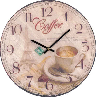 A round wooden clock with a coffee and Eiffel Tower theme.
