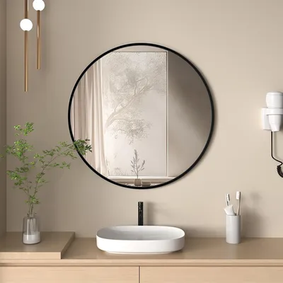 Obrázek produktu pro Solidchoice - Zrcadlo do koupelny, kulaté, 60 cm - Černý hliníkový rám, montáž na zeď