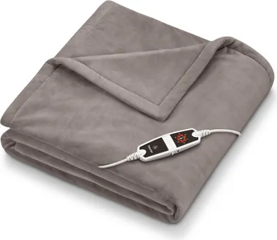 A folded gray electric blanket with a controller attached.
