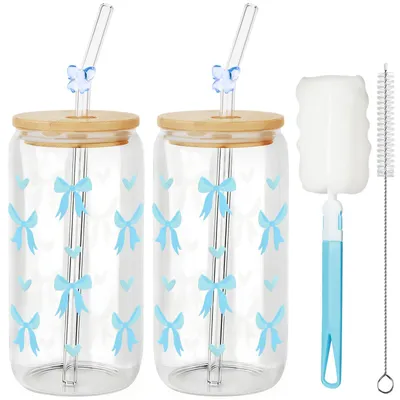 Productafbeelding van Glazen bekers met deksel en rietje - set van 2 - inhoud: 500 ml