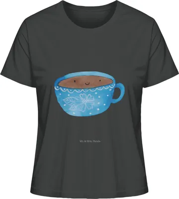 Produktbild von Mr. & Mrs. Panda Oberteil Damen Kaffee Tasse Größe L - Anthrazit - Geschenk, Lustige Sprüche, Glücklich, Baumwoll T-Shirt, Geschmack, Basic, Genuss, Kurzarmshirt, Liebe