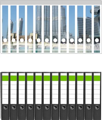 Produktbild von Wallario 12 Stück schmale Ordner inkl. Klebeetiketten mit Motive Wolkenkratzer in Dubai -  Set mit Rückenschildern / Ordnerrücken Stickern