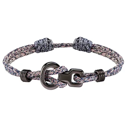 Wristband für Kletterer und Boulderer von 8b+; geflochten in Grau und Rosa mit schwarzem Verschluss.