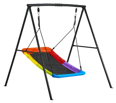Zdjęcie produktu dla Huśtawka ogrodowa SucceBuy z solidną metalową ramą w kształcie litery A, siedzisko huśtawki (150 x 81 cm), nośność do 199,6 kg, zestaw huśtawki ogrodowej ze spiralnymi kotwami do mocowania w ziemi, kolorowa huśtawka dla dzieci