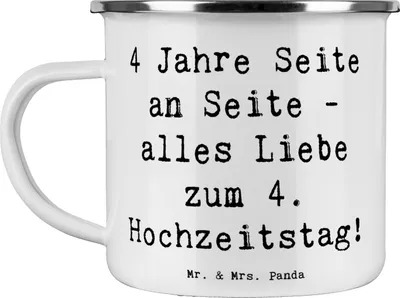 Produktbild von Mr. & Mrs. Panda Blechtasse Spruch 4. Hochzeitstag Seidenhochzeit - Weiß - Geschenk, Emailletasse, Emaille Tasse, romantisch, Pott, Erinnerungen, Heiraten, Geschenke