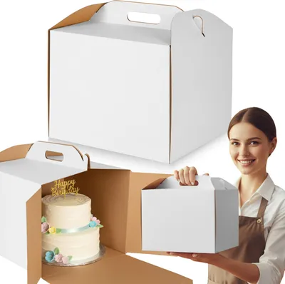 Obrázok produktu pre Biela kartónová krabica na torty, obal na cukrovinky s uchom, pevná krabica na catering 26x26x25 cm x2