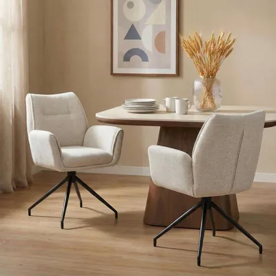 Produktbild von Esszimmerstühle LIRA 2er Set, Cremeweiß - Polsterstühle mit Armlehnen und Stoffbezug, Küchenstühle 360° drehbar mit Metallgestell [max. Belastbarkeit 120 kg]