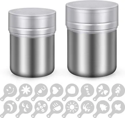 Produktbild von Famanu 2-teiliges Set Edelstahl-Pulverstreuer - mit feinem Deckel und 16 Druckformen