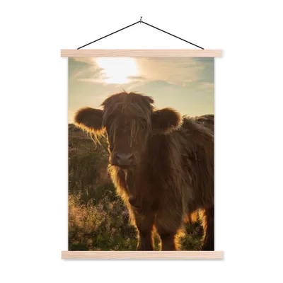 Produktbild von MuchoWow® Textilposter Schottischer Highlander - Sonnenuntergang - Gras 40x53 cm mit holzfarbenen Rahmen - Schlafzimmer
