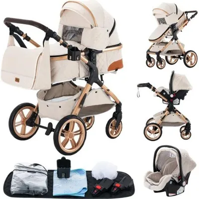 Produktbild von YAZOCO – Kombikinderwagen 3in1 – Mit Babywanne und Autositz – Bis 15 kg – Weiß