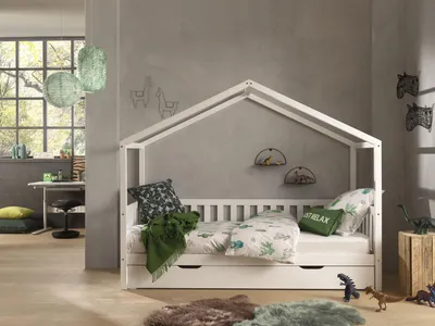 Produktbild von Vipack Dallas 1 Hausbett mit seitlicher Umrandung 90 x 200 cm Liegefläche und Bettschublade, Weiß
