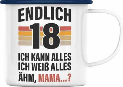 Produktbild von Trendation - 18. Geburtstag Junge Mädchen Emaille Tasse 18 Jahre alt Sohn Tochter Geschenkidee (Blau)