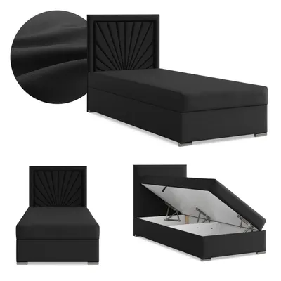 Produktbild von Boxspringbett mit Bettkasten, Einzelbett 90x200, Polsterbett mit Kopfteil, mit Bonell Matratze, Jugendbett, Kinderbett, Geflecht, VICENZA, Schwarz