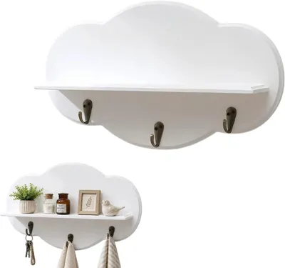 Imagen del producto de Perchero de pared con forma de nube, con 3 ganchos, hecho de madera de pino, ideal para el pasillo