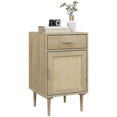Image de HOMCOM Table de chevet table d'appoint avec placard et étagère porte rotin tissé + 1 tiroir design bohème - 40 x 40 x 68,5 cm naturel
