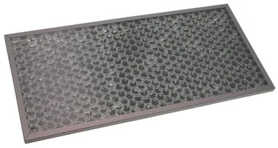 A rectangular air filter with a metallic frame and a honeycomb-like interior is shown against a white background.