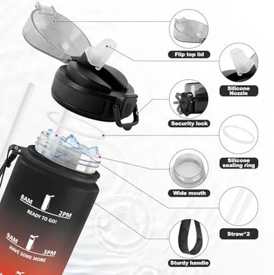Produktbild von Trinkflasche 1L JAPORIA mit Zeitmarkierung, Strohhalm, Sportflasche,