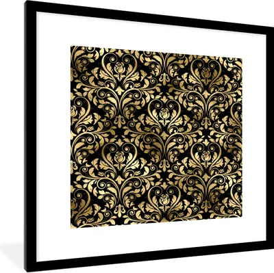 Produktbild von MuchoWow® Gerahmtes Poster Muster - Barock - Gold - Schwarz 40x40 cm - Poster mit Schwarzem Bilderrahmen Wandposter Rahmen Foto Bilder - Poster - Plakat im Rahmen