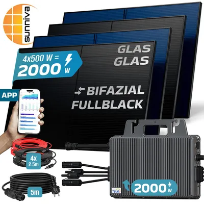 Produktbild von SUNNIVA® 2000W Balkonkraftwerk BIFAZIAL FULLBLACK komplett Steckdose TSUN 2000 Watt Wechselrichter, Komplettset 4x 500W PV Solaranlage Solarmodule