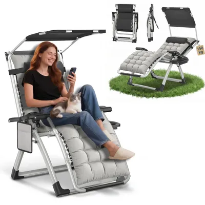Produktbild von TRMLBE Klappbare Sonnenliege Gartenliege mit Sonnendach, Verstellbarer Rückenlehne, Ergonomische Relaxliege für Garten, Balkon & Terrasse Hellgrau