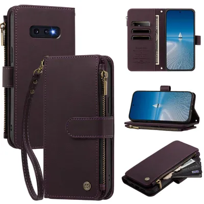 Produktbild von Handyhülle für Samsung Galaxy S10E, Leder Klapphülle mit Kartenfächern, Reißverschlussfach und Handschlaufe Lila