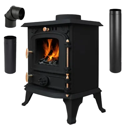 A black cast iron wood-burning stove with visible flames inside, along with chimney pipe accessories.