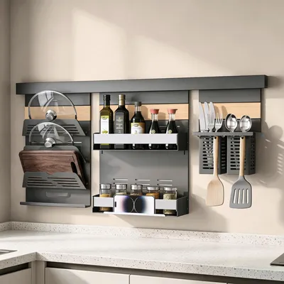 Produktbild von doporro Metall-Küchenaufbewahrungsregal, 82 cm, mit einer Gewürzablage, Papierhalter, Deckelhalter und 2 Besteckablagen, grau Reglo 82+09+11+12