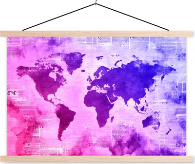 Produktbild von MuchoWow® Textilposter Weltkarte - Rosa - Blau 60x40 cm mit holzfarbenen Rahmen - Bilder