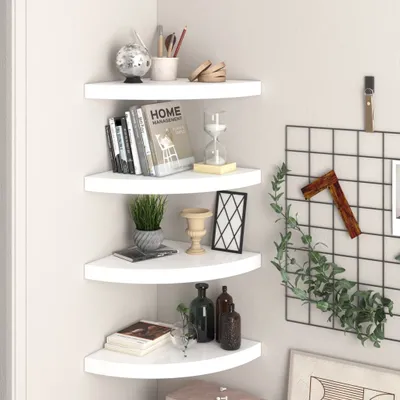 Obrázek produktu pro The Living Store Rohové plovoucí police 4 ks. MDF 35x35x3,8 cm, bílý vysoký lesk