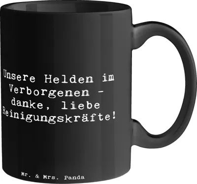 Produktbild von Mr. & Mrs. Panda Kaffeebecher Spruch Reinigungskraft Helden - Schwarz - Geschenk, im Verborgenen, Danke sagen, Handarbeit, Alltag, Teetasse, Wertschätzung, Tasse, Becher