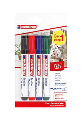 Zdjęcie produktu dla edding 4500 Markery do tkanin basic assorted (opakowanie blistrowe 4 szt.)