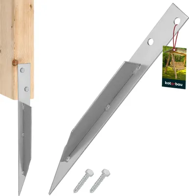 A wooden post with a metal bracket attached, and a separate metal bracket with a pointed end, along with two screws. A small tag with an image of a swing set is attached to the bracket.