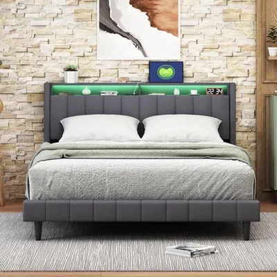 Immagine prodotto di Letto matrimoniale 140 x 200 cm con illuminazione a LED e porta di ricarica USB, colore grigio
