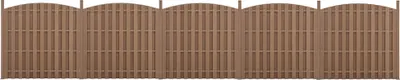 A brown WPC fence with arched tops, shown in a straight line against a white background.