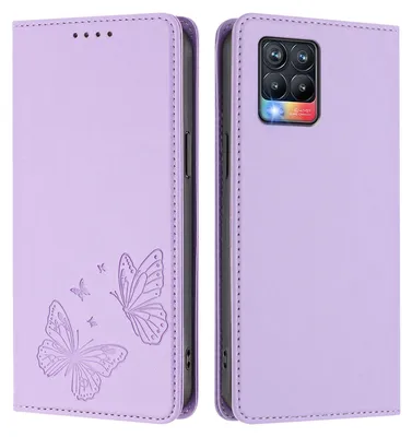 Produktbild von Lederhülle für Realme 8 4G/Realme 8 Pro 4G, Schmetterling Prägung Leder Brieftasche Schutzhülle mit Ständer Violett