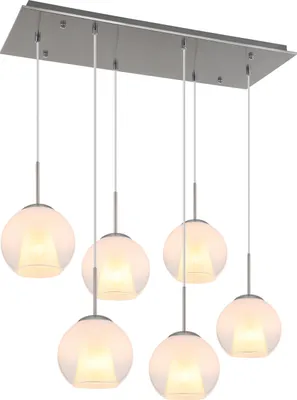 Produktbild von Globo Lighting Hängeleuchte Metall Nickel matt, Metall verchromt, Glaskugeln opal, klar verlaufend, Glaskristalle klar, Kabel PVC transparent, LxBxH: 900x380x1200mm, exkl. 6x E27 40W 230V