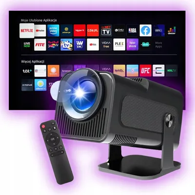 A projector and remote control are displayed in front of a screen showing various app icons.