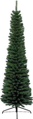 A full shot of a green artificial Christmas tree on a white background.