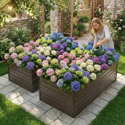 Productafbeelding van 2-delige set metalen verhoogde plantenbakken 219x112x64 cm, houtnerf bruin, weerbestendig moestuin bak met open bodem voor groenten en bloemen op terras