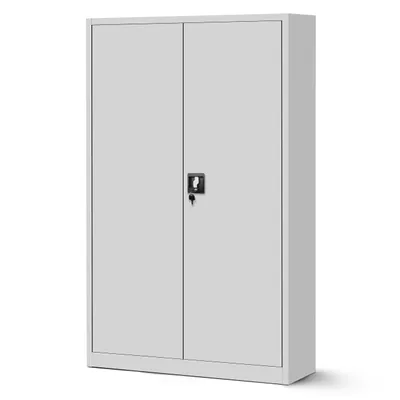 A light gray metal cabinet with two doors and a lock is presented against a white background.