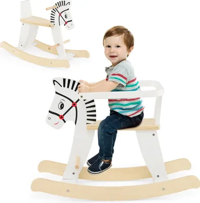 Produktbild von COSTWAY 2 in 1 Zebra Schaukelpferd, Schaukeltier aus Holz mit abnehmbaren Zäunen & Rückenlehne, Schaukelwippe Holzschaukelpferd für Baby ab 3 Jahren, Weiß
