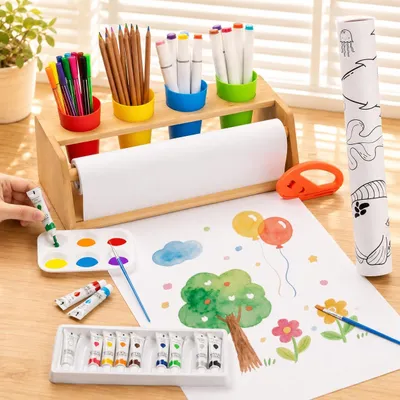 Productafbeelding van Houten papierrolhouder, 35-delige schilderset met schilderrol voor kinderen, papierrol schilderen voor kinderen, kleuren & penselen