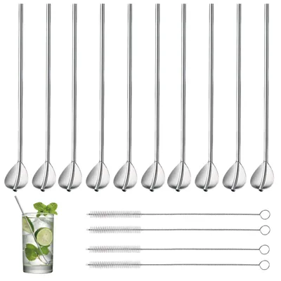 10 Edelstahl-Trinkhalme mit Löffel + 4 Reinigungsbürsten