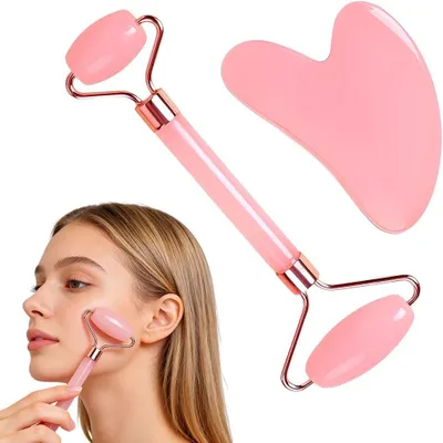 Produktbild von 1 Set für die Gesichtsbehandlung, bestehend aus einem Rosenquarz-Gua Sha und einer Massage-Rolle, für manuelle Gesichtsmassage und Nackenmassage, Schönheitsprodukte für die Gesichtsbehandlung und Entspannung